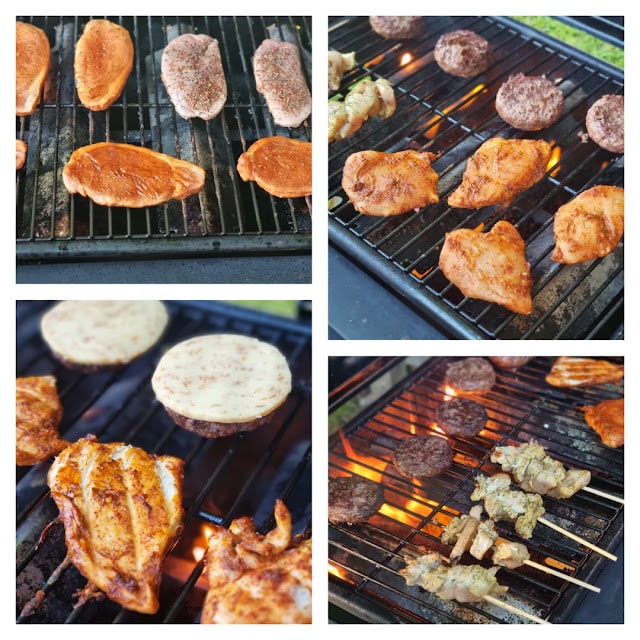 A collage of four photos shows chicken breasts, beefburgers, and skewered meat grilling on a barbecue with visible grill marks and flames—perfect for an End of Term celebration with finds from Jack's Supermarket.