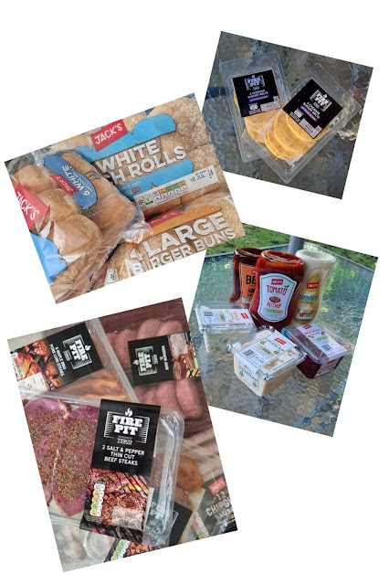 Get ready for your End of Term barbeque with this assortment from Jack’s Supermarket: burger buns, cheese slices, pre-packed meats, condiments like tomato ketchup and mayonnaise, plus packs of burger toppings—all displayed on a glass table.