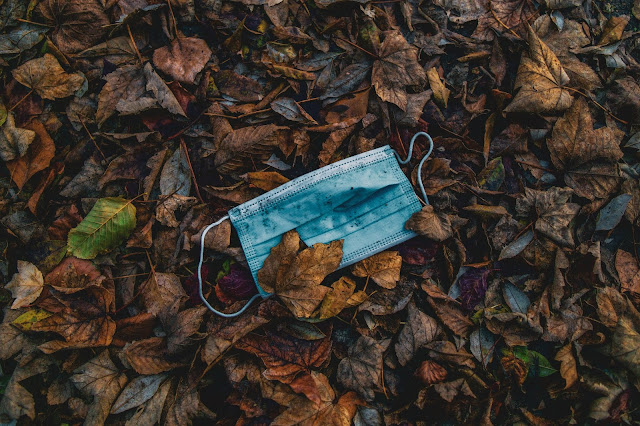 A discarded blue surgical mask lies on a ground covered with dry, brown autumn leaves, symbolising environmental pollution and the impact of Post-Covid life and how adapting means Changing Your Life in unexpected ways.