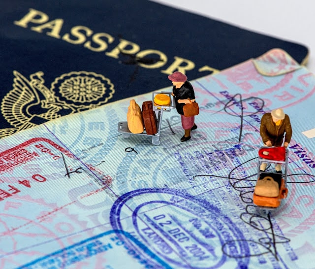 Two toy figures with suitcase stood on top of a passport