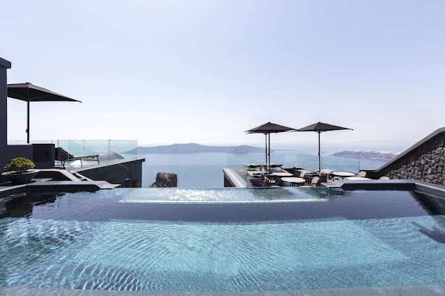 A luxury hotel in Santorini overlooking the sea