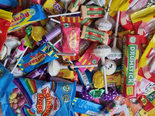 A mixture of Swizzel Sweets including refreshers, love hearts, fizzers and rainbow drops