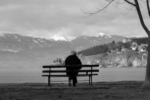 An elderly person, embodying healthy ageing, sits alone on a bench by a lake, facing distant snow-capped mountains and a cloudy sky, with trees and a small town visible across the water.