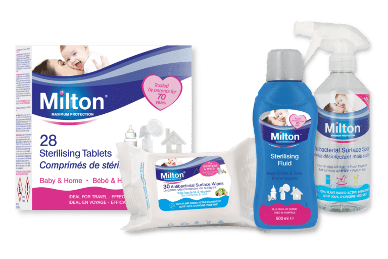 Milton giveaway: Sterilising tablets box, antibacterial surface wipes pack, sterilising fluid bottle, and antibacterial surface spray bottle for baby and home use, all displayed against a white background.
