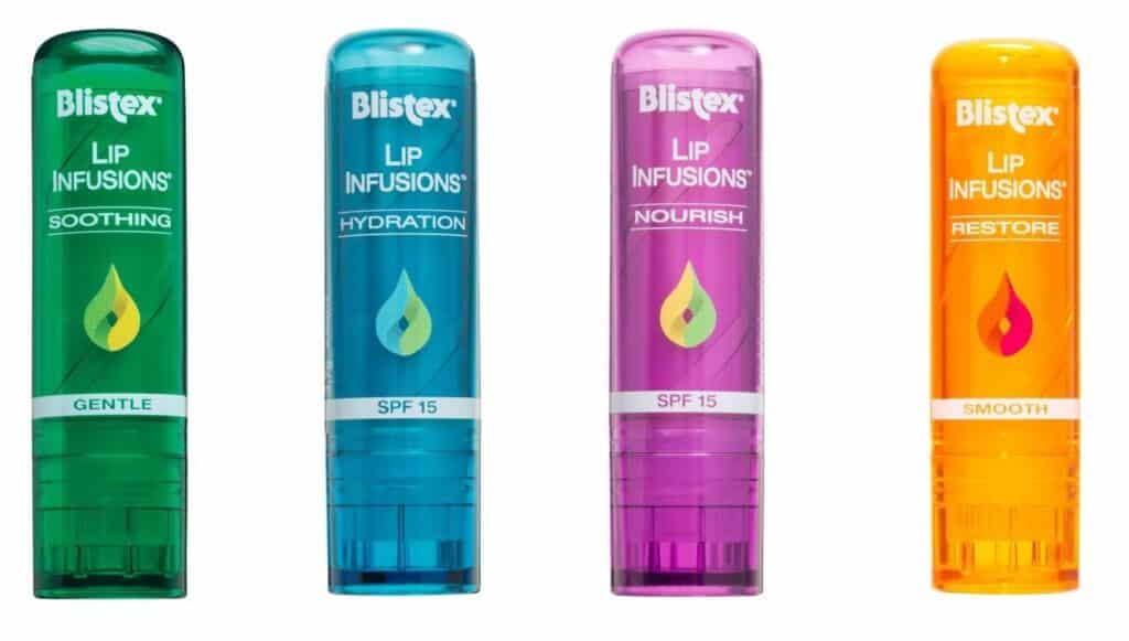 Four Blistex Lip Infusions lip balm tubes stand side by side: green (Soothing), blue (Hydration), pink (Nourish), and orange (Restore), each with distinct Blistex labels and coloured droplet icons.