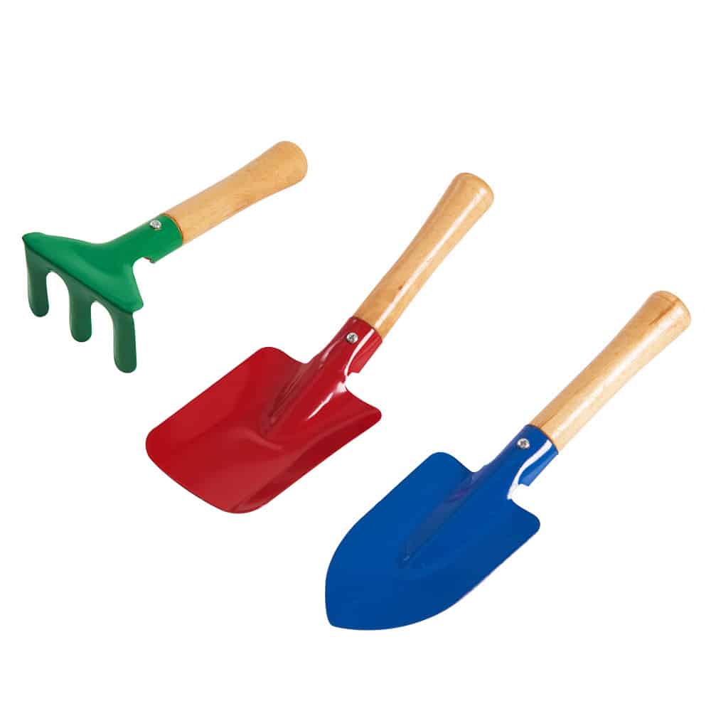 Three garden tools with wooden handles—a green rake, a red flat-edged trowel, and a blue pointed trowel—are neatly arranged on a white background, perfect for your summer prize giveaway.