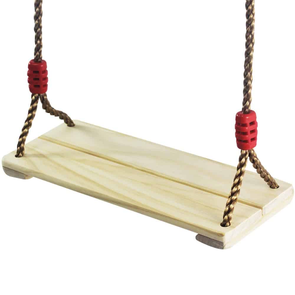 A wooden swing seat with brown ropes and red plastic fasteners at the top corners, perfect for hanging from a climbing frame or tree—an ideal addition to any summer prize giveaway.