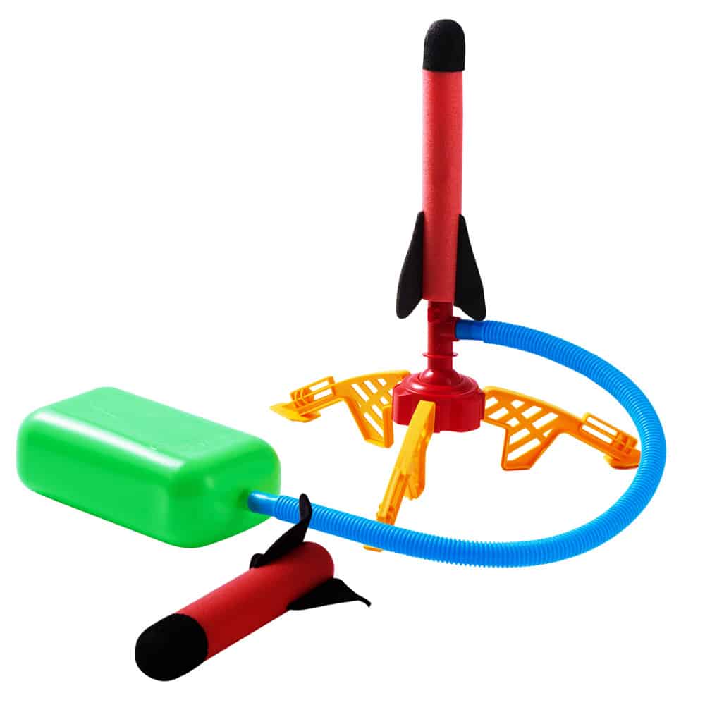 A colourful toy rocket launcher set with a green air pump, blue tube, and red foam rockets—perfect for outdoor fun or as a summer prize giveaway. The launcher features orange stabiliser fins for exciting launches all season long.