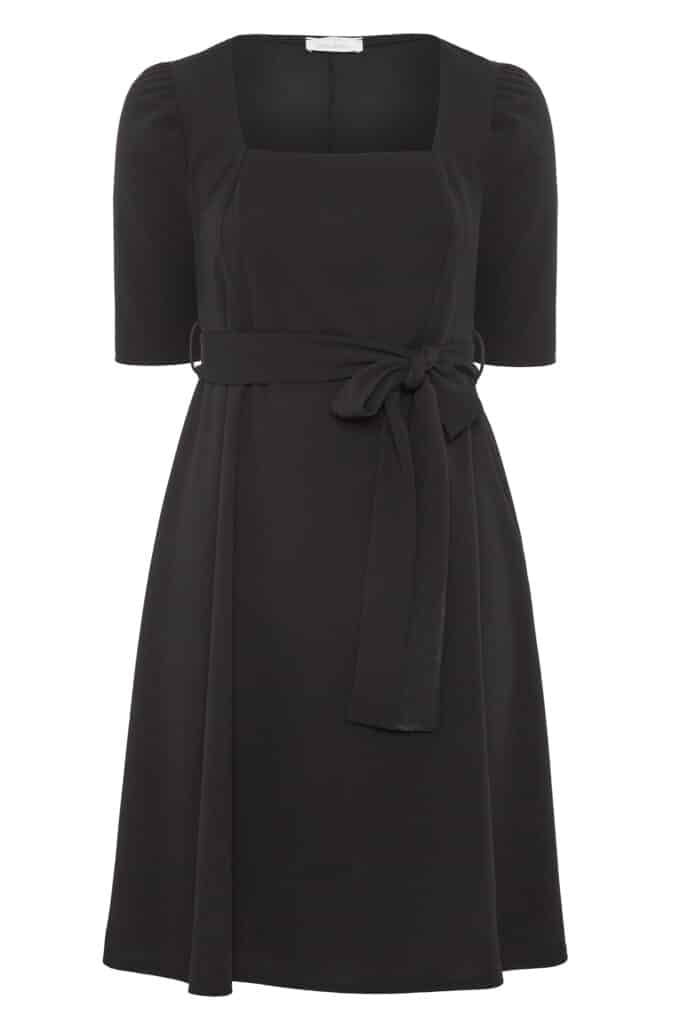 A black knee-length dress from your clothing collection, featuring short sleeves, a square neckline, and a matching fabric belt tied in a bow at the waist. The simple, elegant design is finished with a slightly flared skirt.