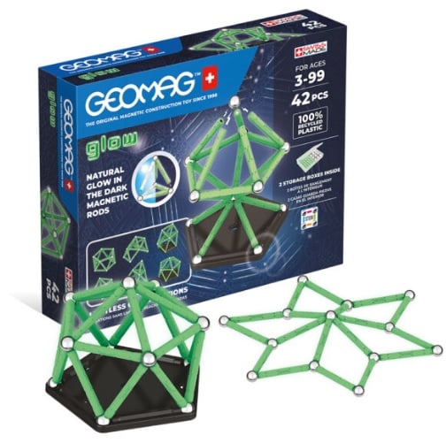 The Geomag Glow magnetic construction set features green glow-in-the-dark rods and black connectors. Create geometric shapes with this 42-piece set, made from 100% recycled plastic. Experience building fun with Geomag Glow!.