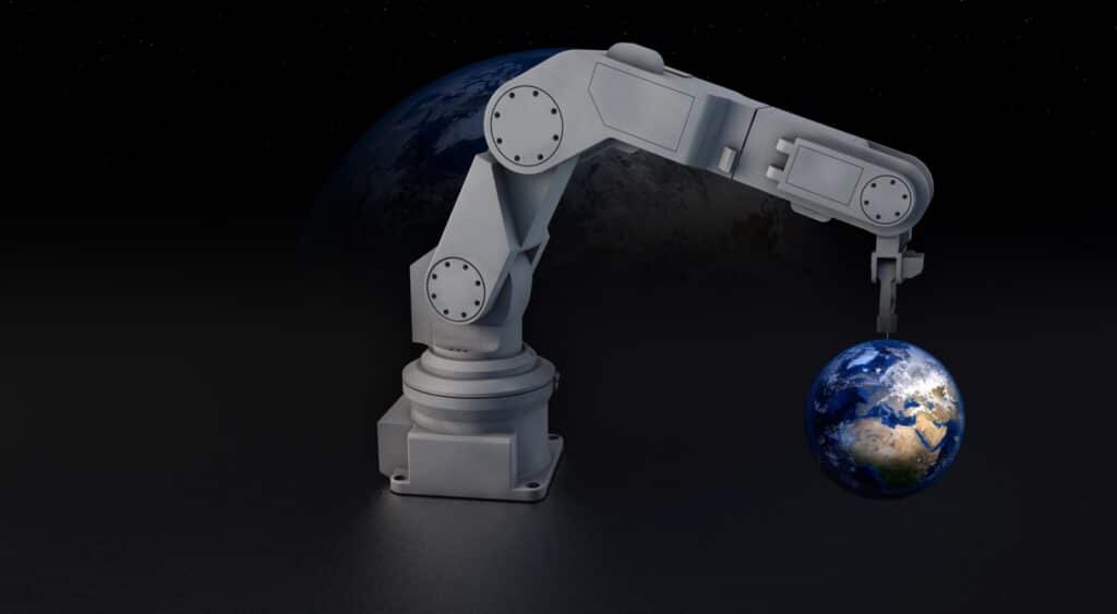 A robotic arm holds a small globe resembling Earth, with the planet partially visible in the background against a dark space-like setting.