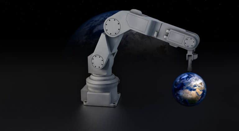 A robotic arm holds a small globe resembling Earth, with the planet partially visible in the background against a dark space-like setting.
