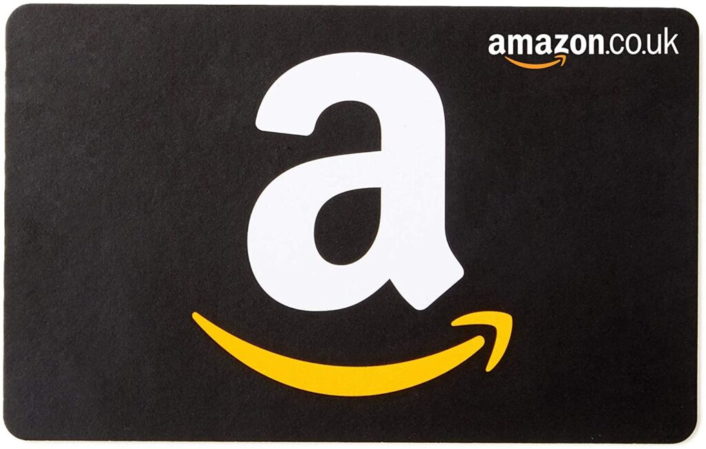 A black Amazon Gift Card for Amazon.co.uk featuring a large white letter "a" and the yellow Amazon arrow logo underneath. The Amazon.co.uk logo is displayed in the top right corner.