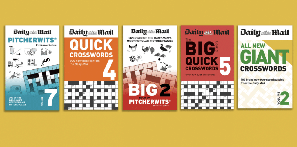 Five Puzzle Books from the Daily Mail are displayed in a row on a yellow background, featuring titles for Pitcherwits, Quick Crosswords, Big Pitcherwits, Big Quick Crosswords, and All New Giant Crosswords.