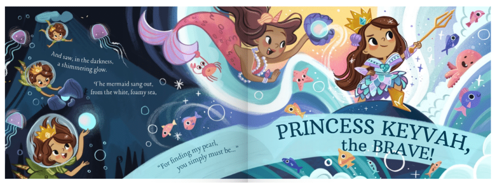 Illustration of Princess Kevvah as a mermaid swimming underwater with colourful fish, bubbles, and a pearl. She holds a trident and wears a crown. The text reads, "Princess Kevvah, the Brave!"—a magical personalised story book in rhyme.
