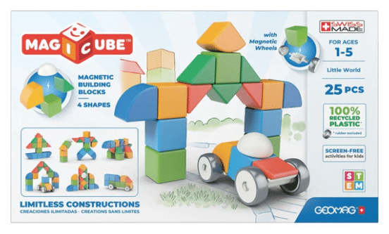 Box of Geomag Magicube magnetic building blocks for ages 1–5, featuring colourful blocks in four shapes, a car base with wheels, and sample builds. The 25-piece set is made from recycled plastic.