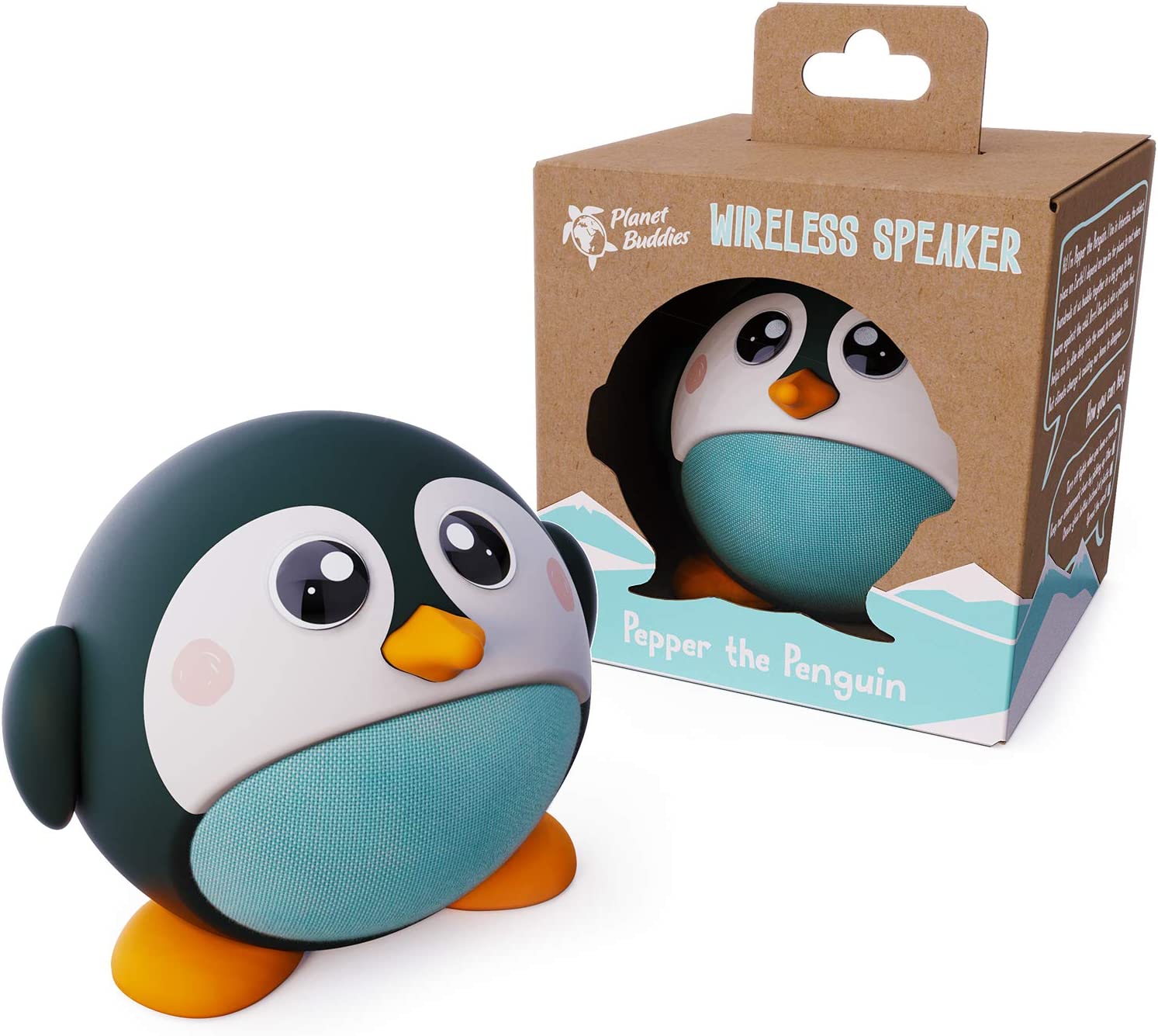 A Planet Buddies wireless speaker shaped like a cute penguin with a blue belly sits next to its packaging, which reads "Planet Buddies Wireless Speaker - Pepper the Penguin.