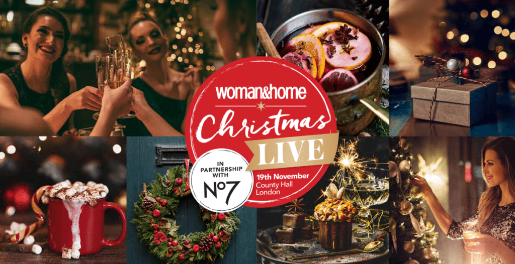 A festive collage with people celebrating, mulled wine, Christmas decorations, a wreath, gifts, and a red mug. At the centre, the woman&home Christmas LIVE logo announces: 19th November, County Hall, London.