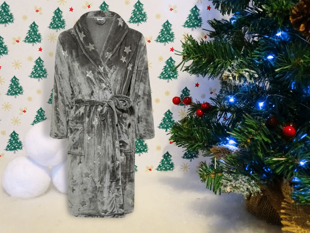 A grey dressing gown covered in sliver stars from Yours