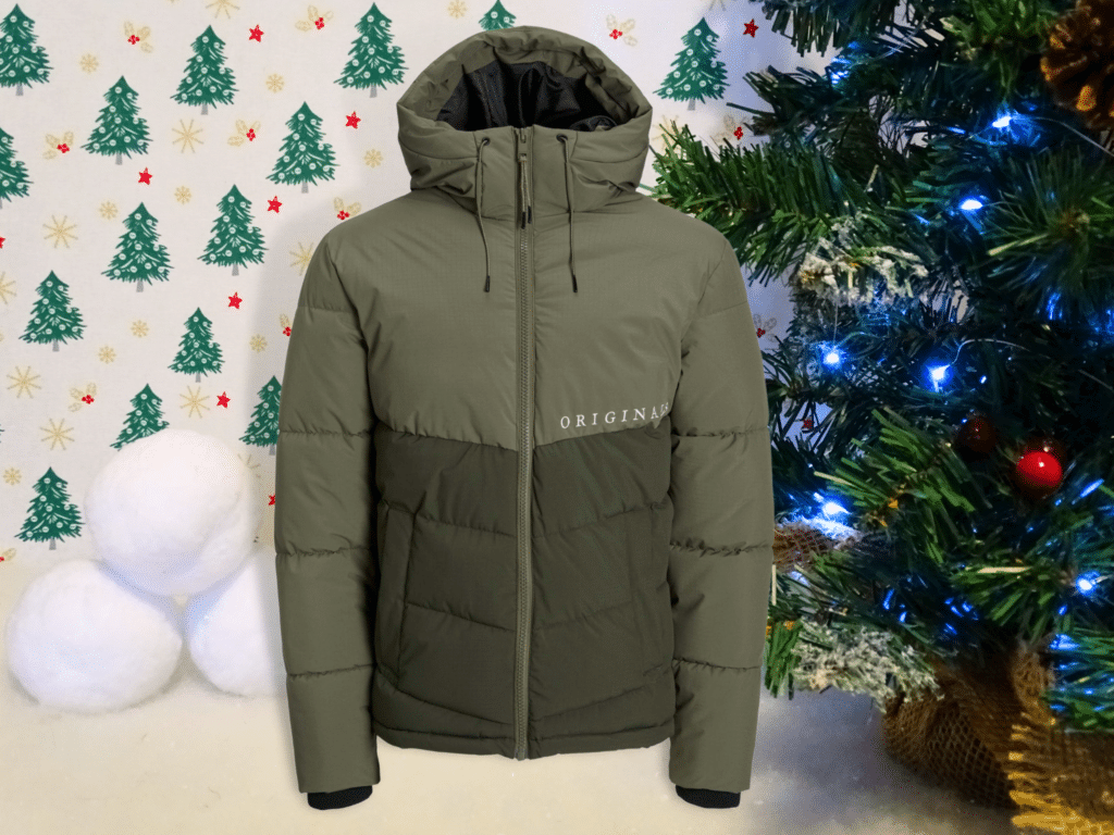 A green puffer jacket
