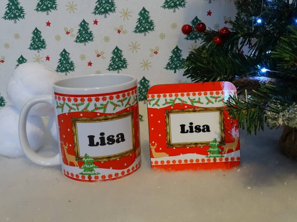 A personalised Christmas mug and coaster