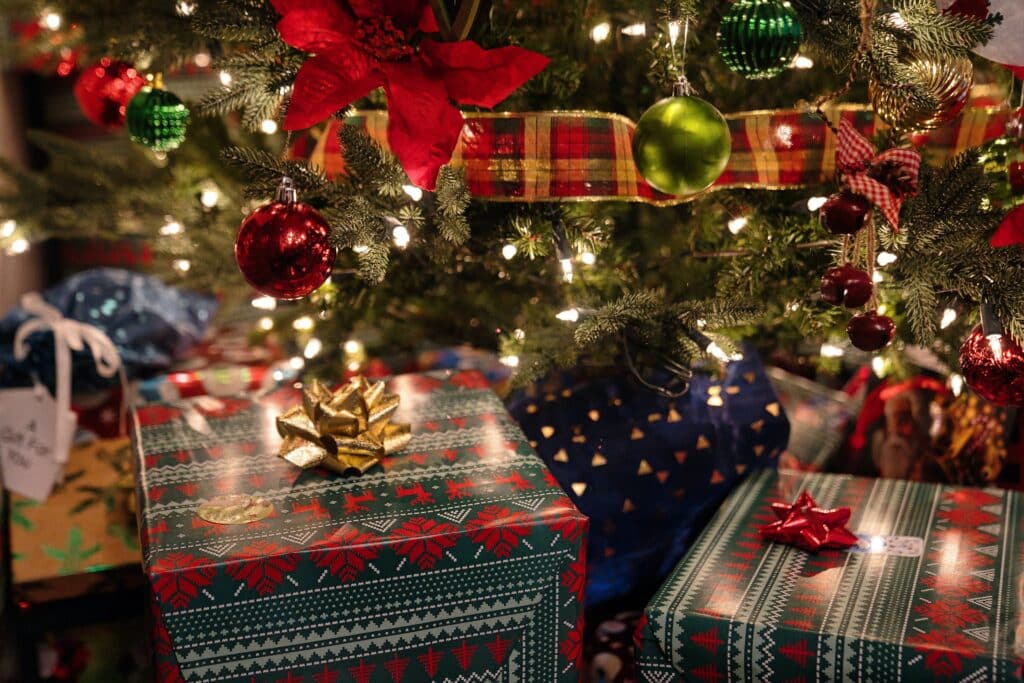 Wrapped presents with festive patterns and bows, perfect as Gift Ideas, sit under a decorated Christmas tree adorned with baubles, fairy lights, a checked ribbon, and beautiful red poinsettia flowers among the branches.