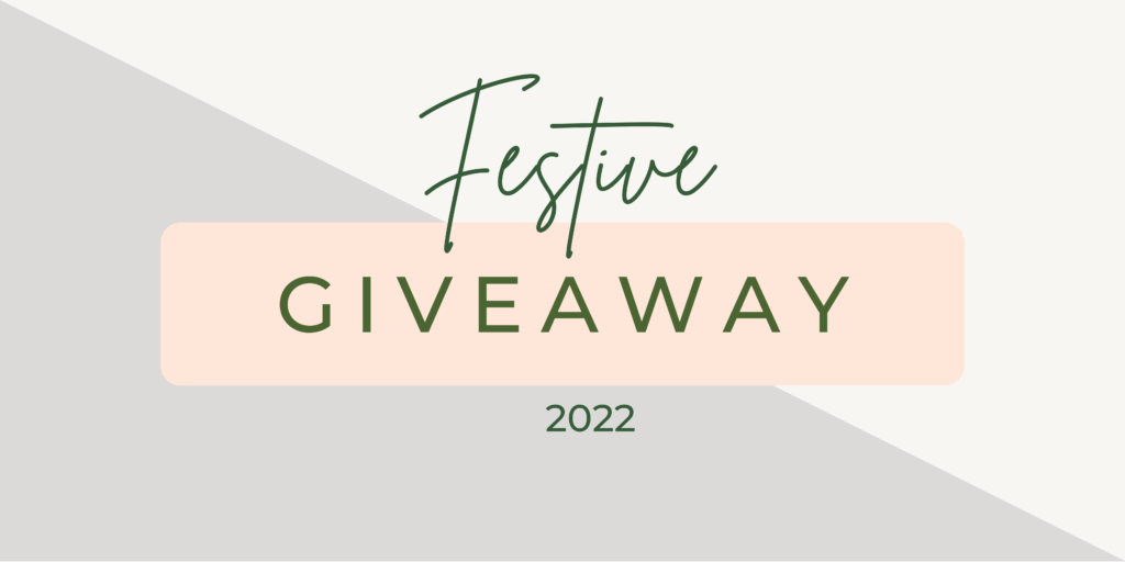 Text that says "Festive Giveaway 2022" in green and peach colours on a geometric background with light grey and off-white sections, highlighting the chance to win an £800 Christmas prize.