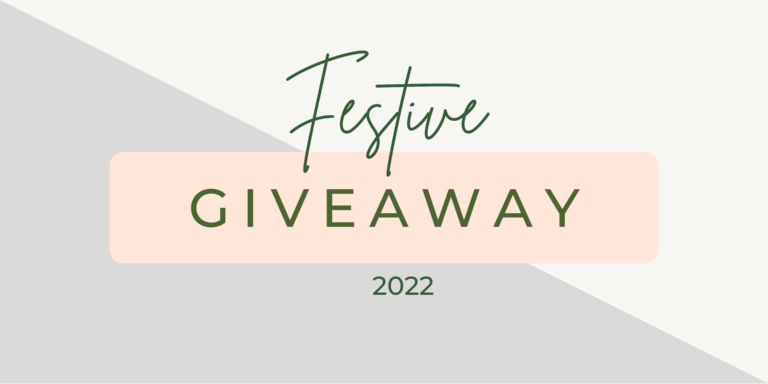 Text that says "Festive Giveaway 2022" in green and peach colours on a geometric background with light grey and off-white sections, highlighting the chance to win an £800 Christmas prize.