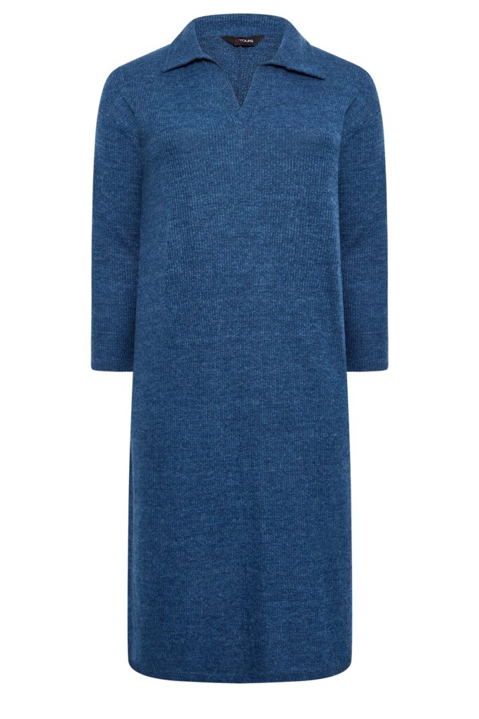 A knee-length, long-sleeved, blue knitted dress with a V-neckline and collar. Perfect for winter clothing, the dress features a relaxed, straight fit with no visible patterns or embellishments.