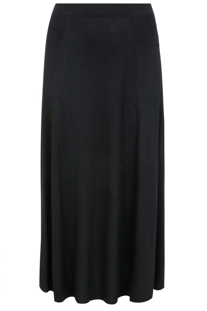 A long, black, A-line skirt with a smooth waistband and subtle pocket seams, made from lightweight, flowing fabric—perfect for layering as part of your winter clothing collection.