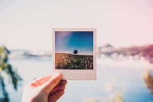 A hand holds a Polaroid photo of a tree in a field against a blue sky, showing how you can capture stunning moments even without an expansive budget—perfect inspiration for those wondering, "How Can I Get Started In Photography Without An Expansive Budget?.