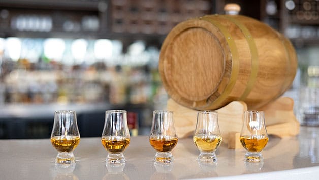 Five glasses of whisky with varying amber colours are lined up on a bar counter in front of a small wooden barrel, creating a warm, inviting scene perfect for a cosy Valentine's Day celebration. Bottles and bar shelves blur softly in the background.