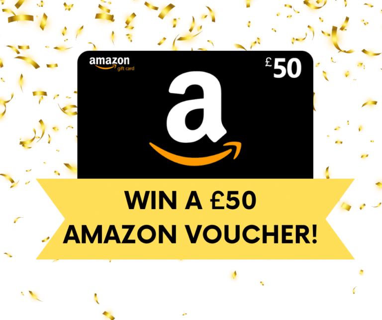 Win £50 Amazon gift card! This Amazon gift card, worth £50, features a gold confetti background and a bright yellow banner with the message: "Win a £50 Amazon gift card!" Perfect for treating yourself or someone special.