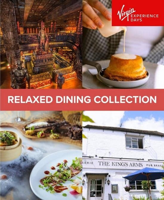 A collage promoting Virgin Experience Days’ Relaxed Dining Collection, perfect for Mother’s Day with Very, featuring a grand restaurant interior, a dessert being sauced, a gourmet meal, and the exterior of The King’s Arms pub.