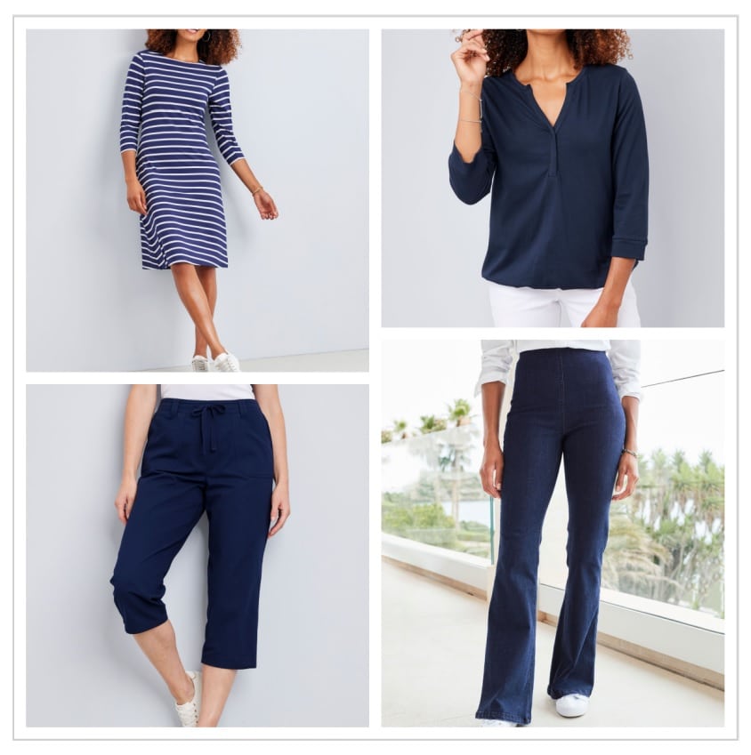 A collage of four women’s outfits perfect for Valentine’s Day: a woman in a blue and white striped dress, a navy blouse with white trousers, navy cropped trousers, and dark blue bootcut jeans with a tucked-in white shirt.