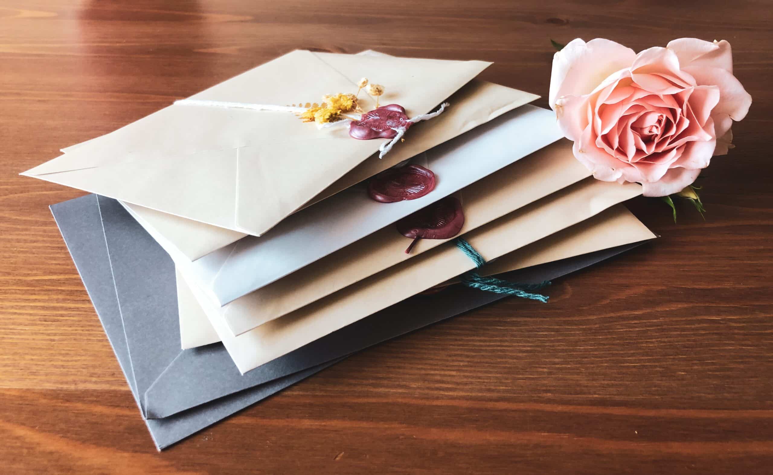 A stack of sealed envelopes, some with wax seals, lies on a wooden surface next to a pale pink rose—evoking nostalgia in contrast to modern e-cards.