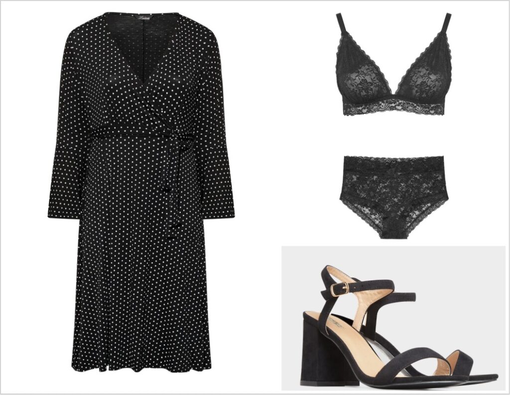 A black wrap dress with white polka dots, black lace bralette and high-waisted lace knickers, plus black heeled sandals with ankle straps—an effortlessly romantic look, perfect for Valentine’s Day.