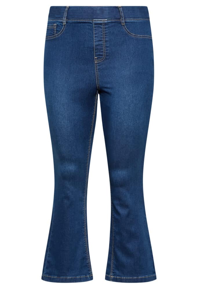 A pair of blue denim jeans with contrast stitching, high waist, and slightly flared legs, displayed on a white background—ideal as the perfect Mother’s Day outfit.
