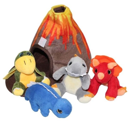 Four colourful plush dinosaur toys sit in front of a soft, fabric volcano-shaped cave with a small opening. A must-have for any Unicorn and Dinosaur toys collection, these dinos come in green, blue, grey, and red with friendly features.