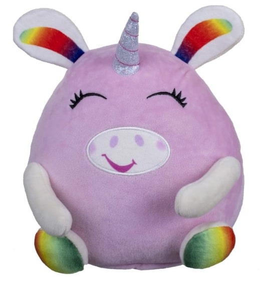 A round, pink unicorn plush toy with a silver horn, rainbow-coloured ears and feet, closed embroidered eyes, a smiling mouth, and small arms—perfect for anyone who must have Unicorn and Dinosaur toys in their collection.
