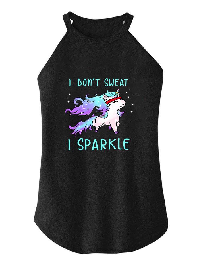 A black IronPandaFit vest featuring a colourful unicorn illustration and the words “I don’t sweat, I sparkle” in bright blue and white letters above and below the unicorn.