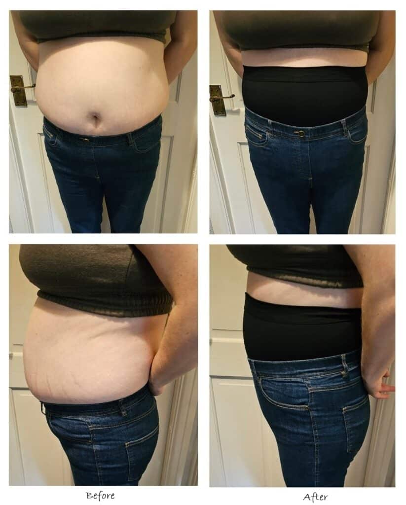 Side-by-side “before” and “after” photos show a person in jeans. The transformation highlights how Boost Your Confidence with Shapewear—revealing a slimmer waist as the black garment smooths away the visible stomach overhang.