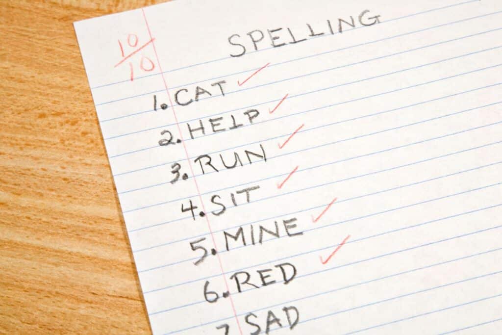 A handwritten spelling and grammar test on lined paper with words and red ticks. The mark "10/10" is written in red at the top. The visible words are cat, help, run, sit, mine, red, and sad.