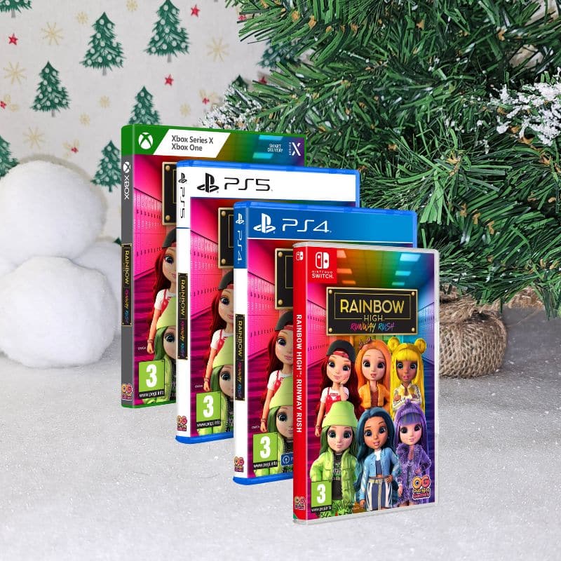 Five "Rainbow High: Runway Rush" video game cases for Xbox, PS5, PS4, and Nintendo Switch are displayed upright in a row on a snowy surface near a festive Christmas tree and artificial snowballs.
