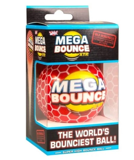 A packaged Mega Bounce XTR ball, labelled as "The World's Bounciest Ball!" The red ball features a hexagonal pattern and bold white text—an exciting stocking filler boasting super high bounce capability.