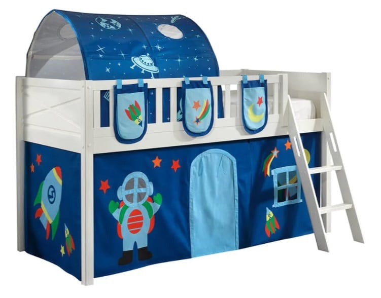 A Loft Bed (Lits Mezzanine) with a play tent 