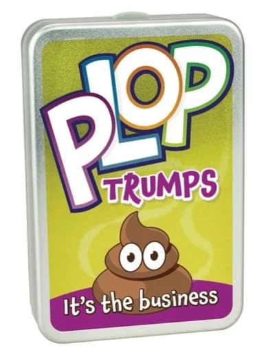 A perfect stocking filler, this card game box labelled "Plop Trumps" features a cartoon poo emoji and the tagline "It's the business" on a yellow and purple background.