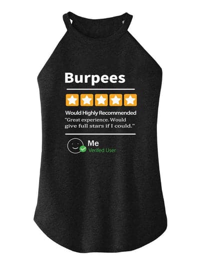 A black sleeveless vest, perfect workout shirt, features: "Burpees," five gold stars, “Would Highly Recommend. 'Great experience. Would give full stars if I could.' - Me, Verified User,” and a smiling face icon.