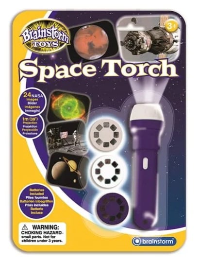 A perfect stocking filler, this package for the Brainstorm Toys Space Torch features a purple torch, three image projection discs with space photos, planets, and a spaceship. Includes safety warnings about small parts and choking hazards.