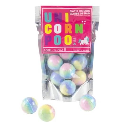 A package labelled "Unicorn Poo" contains colourful, pastel rainbow bath bombs—perfect as a stocking filler. Four bath bombs are displayed in front of the resealable bag, which features a charming unicorn illustration.